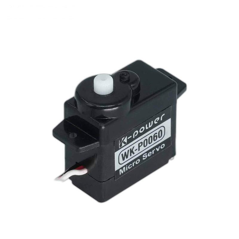 Kpower WK-P0060 (P0060) 6g micro servo motor, angled view showing output shaft and label
