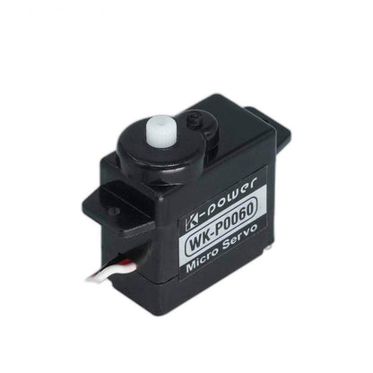 Kpower WK-P0060 (P0060) 6g micro servo motor, angled view showing output shaft and label