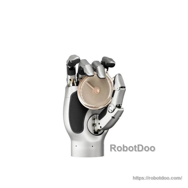 Robotic hand holding a round coin-like disc between fingers and thumb for fine pinch grip