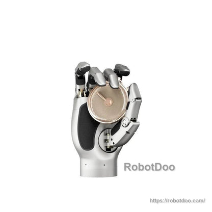 Robotic hand holding a round coin-like disc between fingers and thumb for fine pinch grip