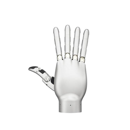 LINKERBOT Linker Hand rear view close-up, five fingers extended showing thumb mechanism