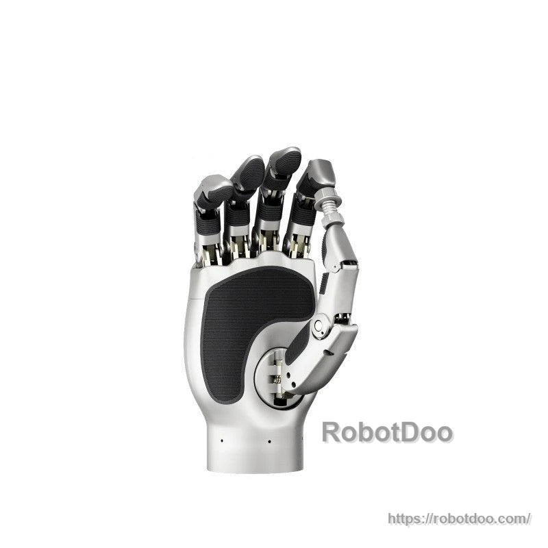 Side angle of robotic hand with fingers flexed inward, highlighting thumb joint and linkage