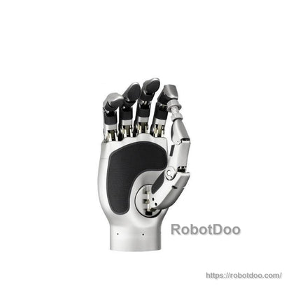 Side angle of robotic hand with fingers flexed inward, highlighting thumb joint and linkage