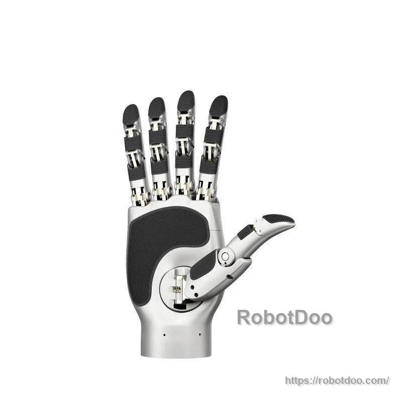 Open palm view showing textured pads and exposed finger linkages with thumb extended