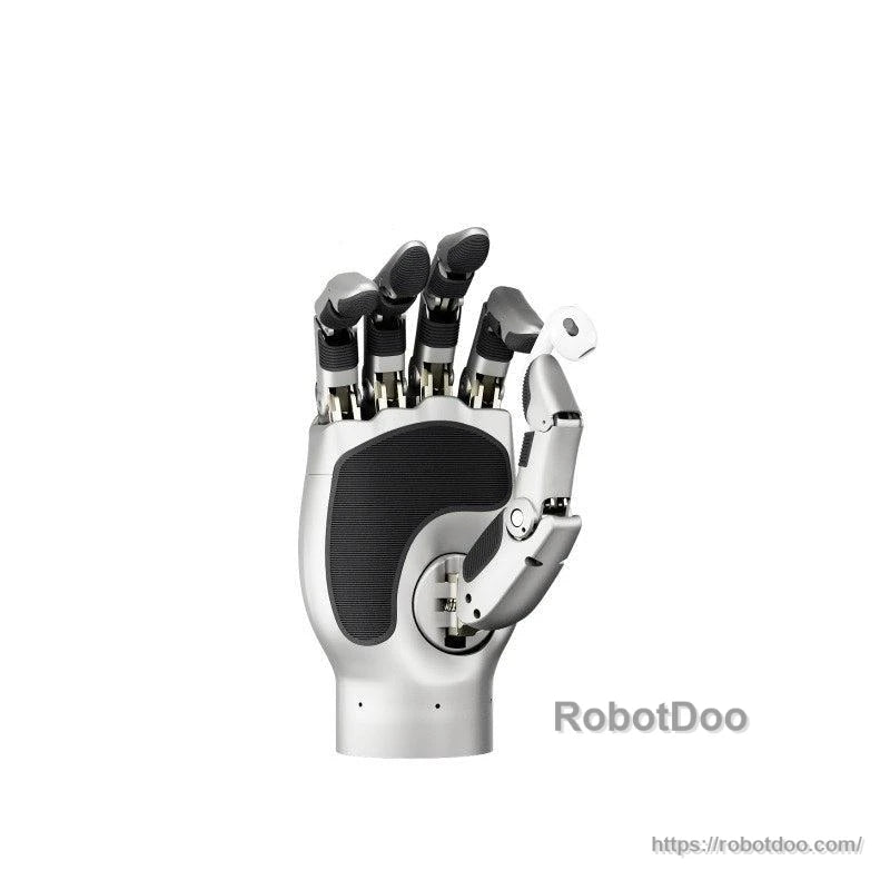 Robotic hand in partially closed grasp position, showing finger curl range and thumb opposition
