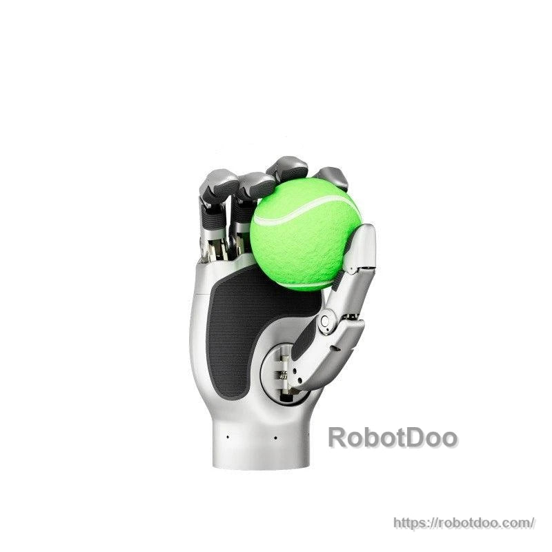 Robotic hand holding a green tennis ball, demonstrating precision grip on round objects