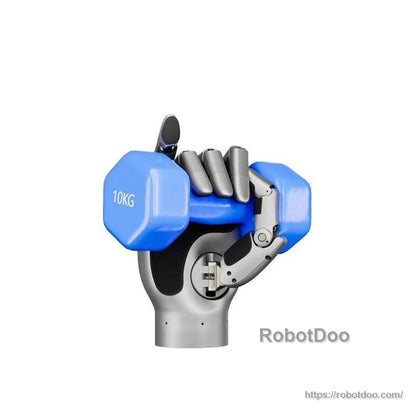 Robotic hand gripping a blue 10KG dumbbell to demonstrate strong grasp and load handling