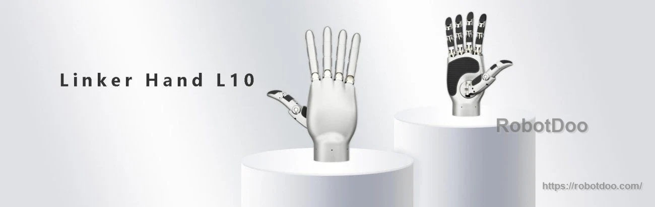 LINKERBOT Linker Hand L10 dexterous robotic hand, right and sensor-equipped versions on display stands