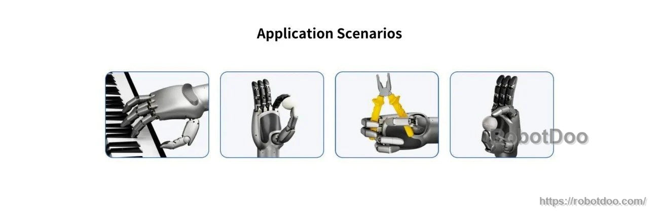 Application scenarios panel illustrating dexterous manipulation tasks such as key pressing, pinch grasping, and tool handling