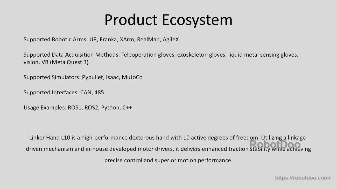 Product ecosystem summary: supported arms (UR, Franka, xArm, RealMan, AgileX), simulators, interfaces (CAN/RS485) and ROS