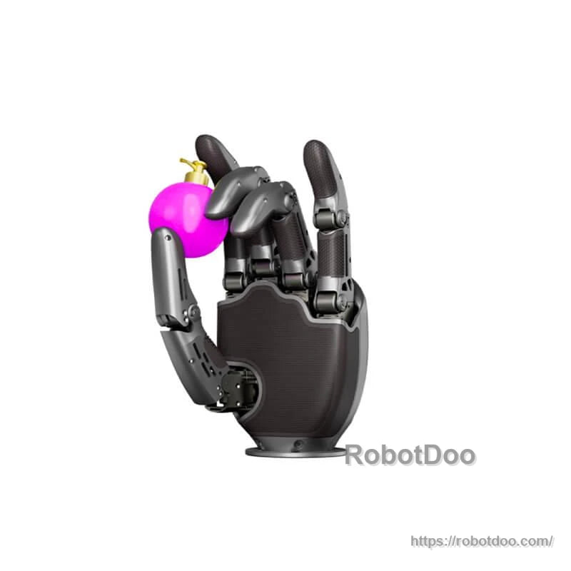 Robotic hand gripping a small bottle, demonstrating precision grasp with articulated fingers and thumb