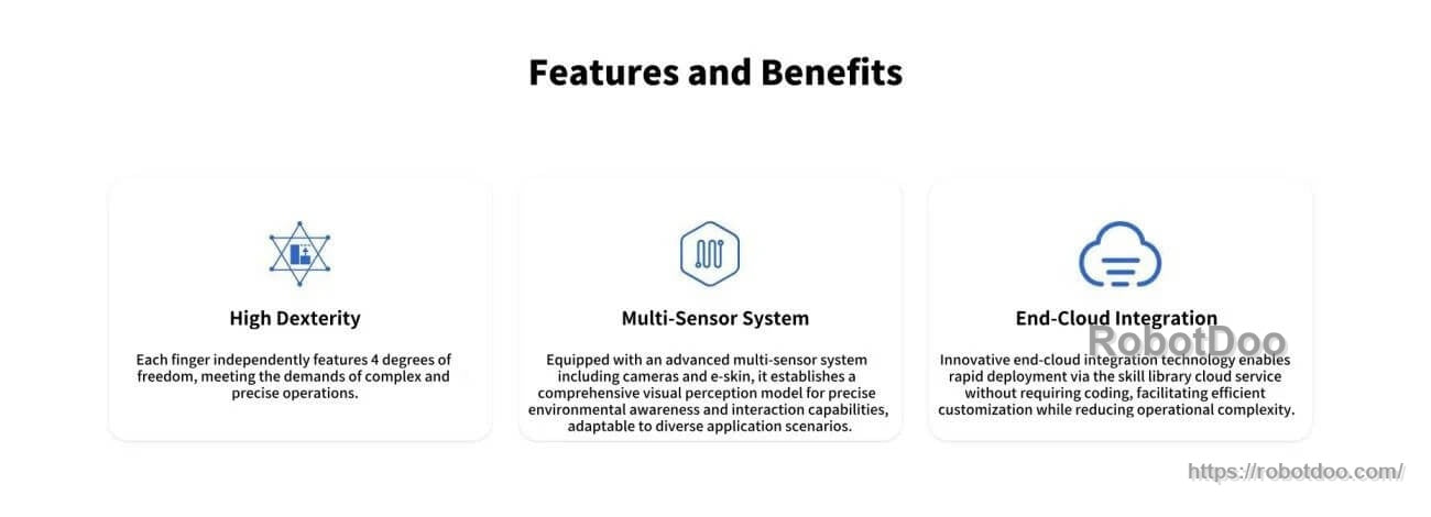 Infographic summarizing key benefits: high dexterity, multi-sensor system, and end-cloud integration