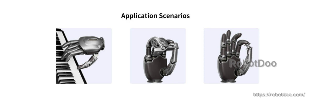 Application scenarios graphic showing the robotic hand performing tasks like keyboard interaction and grasping poses