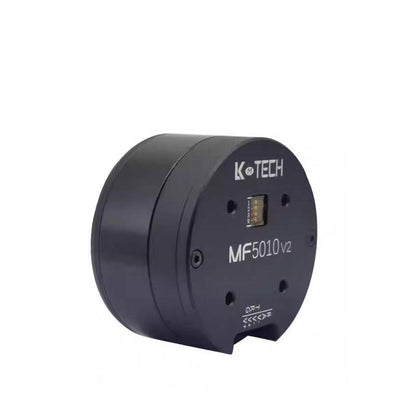 LKMTECH MF5010-V2 motor angled view showing cylindrical housing, mounting holes and front connector