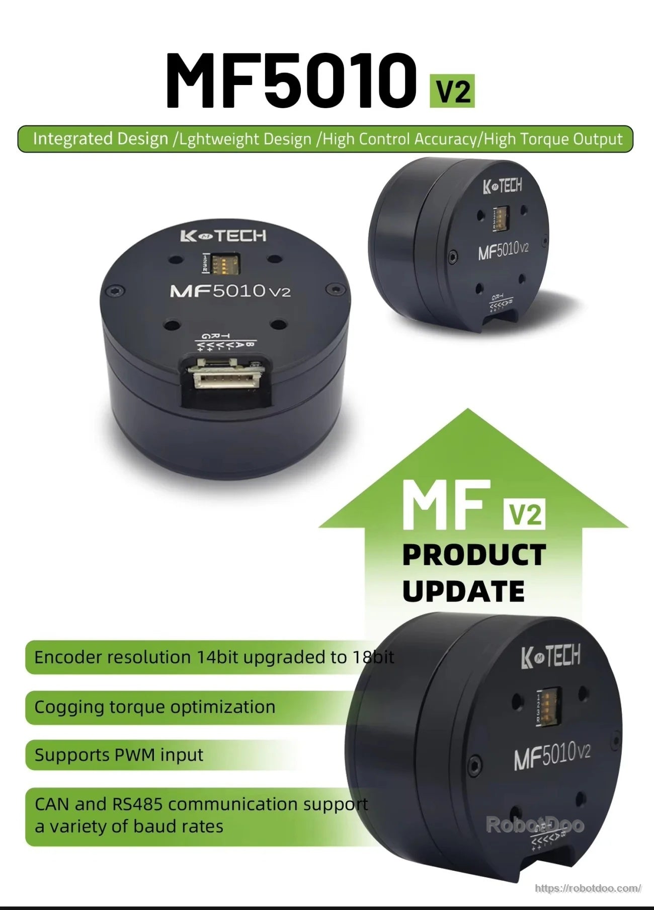 LKMTECH MF5010-V2 motor overview with product update notes, PWM input and CAN/RS485 communication