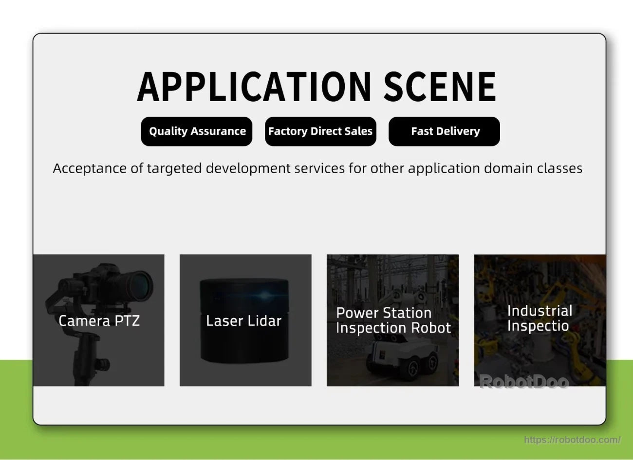 Application scene graphic listing typical uses: camera PTZ, laser LiDAR, power station inspection robots, and industrial inspection