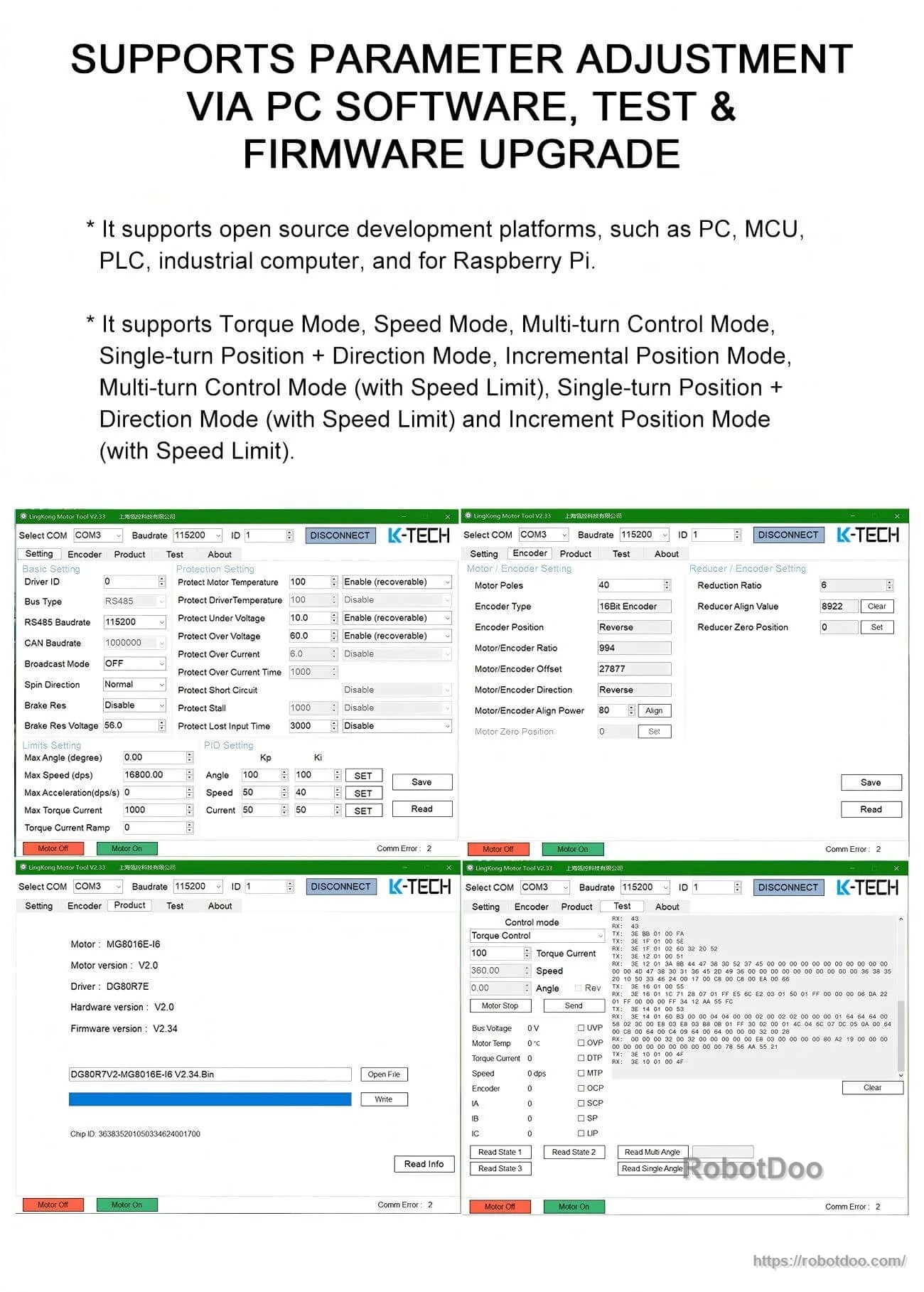 PC software interface for parameter adjustment, functional testing, and firmware upgrade for the motor drive