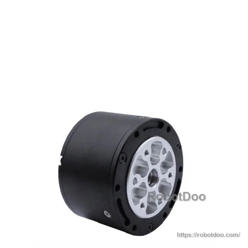Angled view of gearbox output flange with metal faceplate and black motor housing