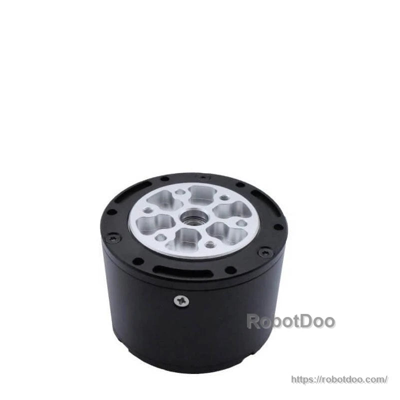 Output side of motor showing silver planetary gearbox mounting face and central shaft bore