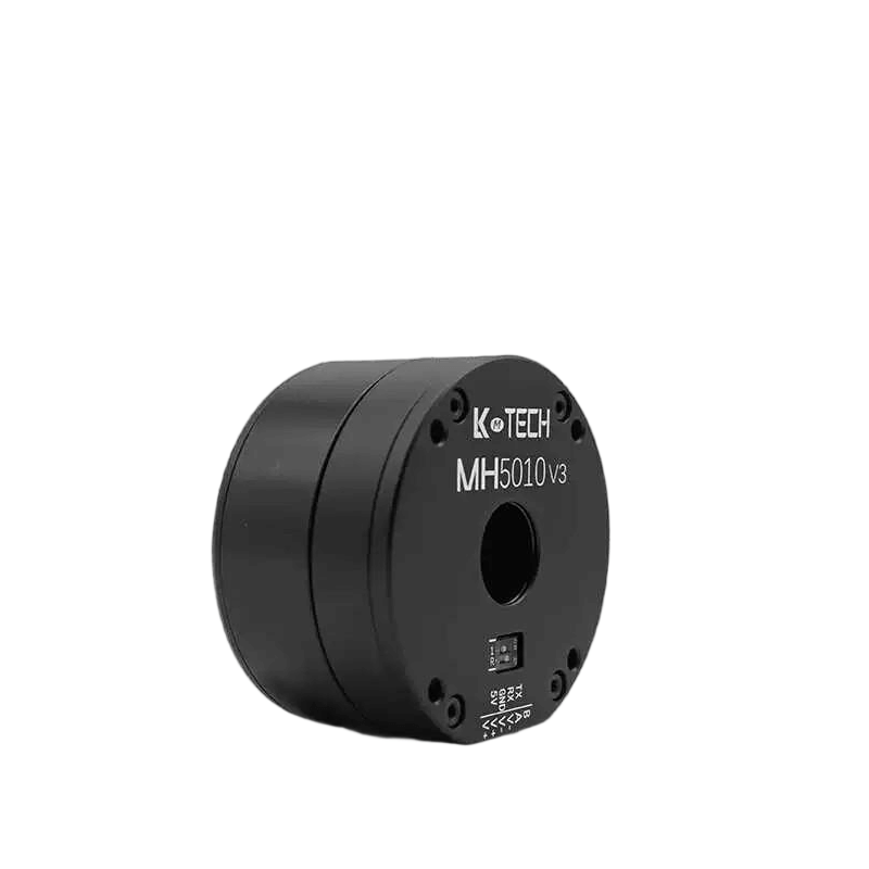 Angled view of MH5010v3 motor showing cylindrical housing depth and front plate screw holes