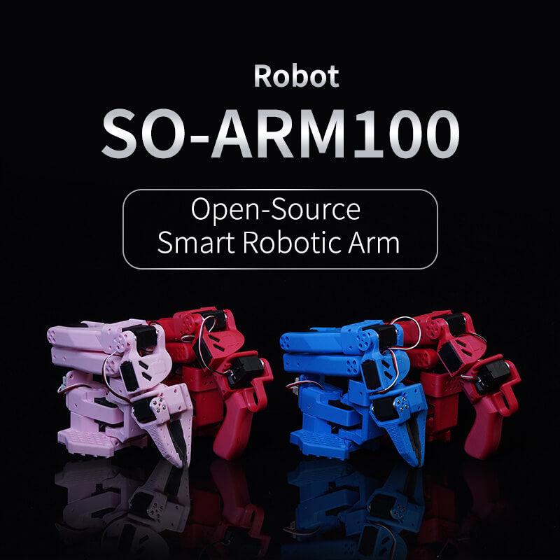 LeRobot SO-ARM100 open-source smart robotic arm shown in three color options on black background
