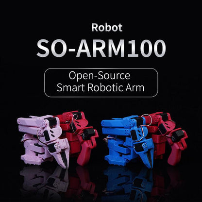 LeRobot SO-ARM100 open-source smart robotic arm shown in three color options on black background