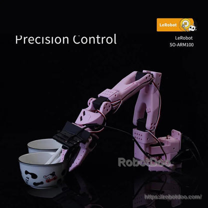 SO-ARM100 robotic arm precision control demo lifting a small bowl with gripper, side view