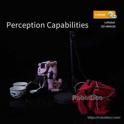Perception capabilities setup with two robotic arms, camera on stand, and bowls on tabletop