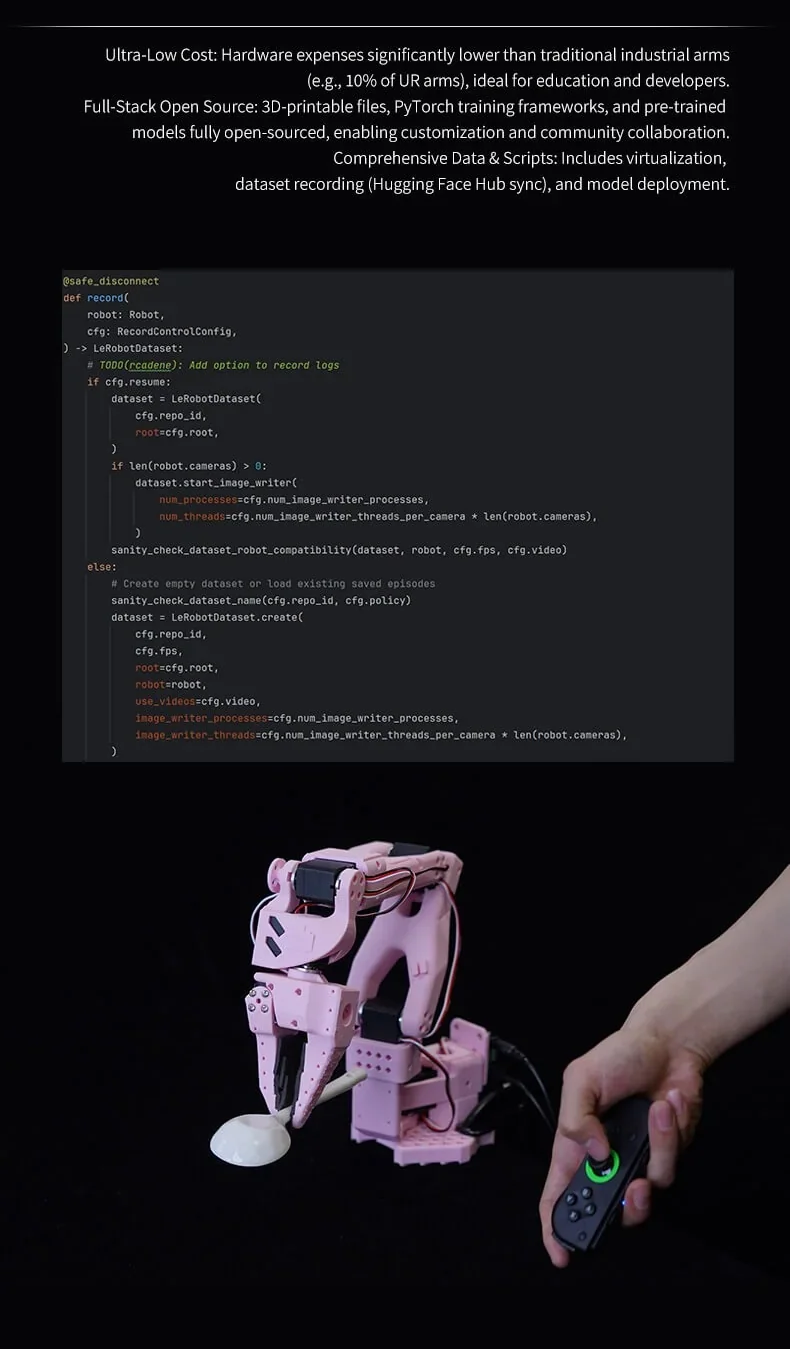 Open-source software stack preview with code snippet and joystick control of the robotic arm