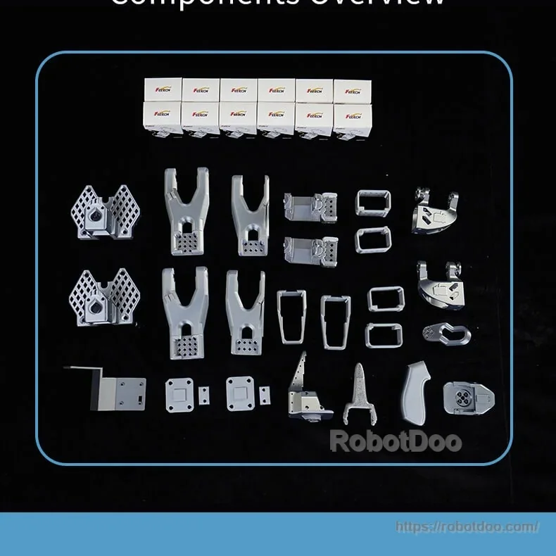 Components overview layout of included 3D‑printed parts and hardware items arranged in a kit flat lay