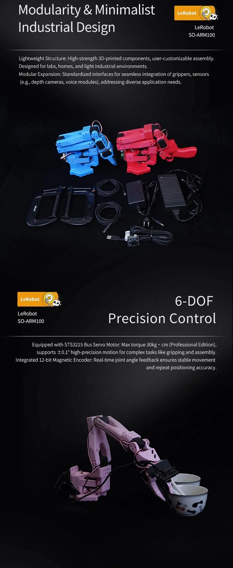 Modular minimalist industrial design and 6‑DOF precision control highlights for the robotic arm