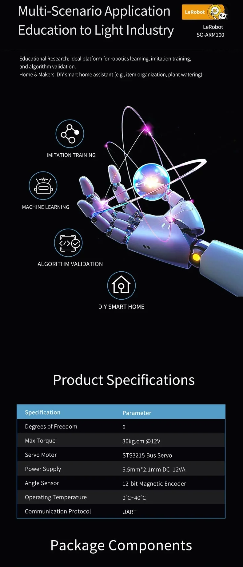 Education and light-industry application graphic with product specifications table for the 6‑DOF arm