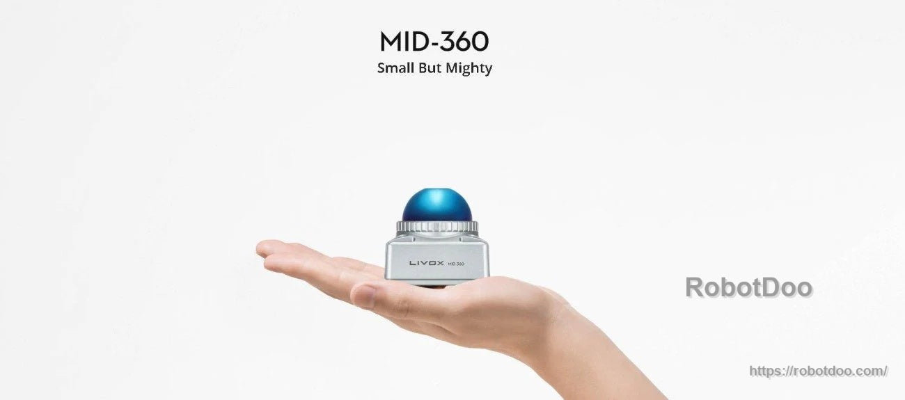 Livox MID-360/MID-360S LiDAR sensor compact 3D unit in hand, highlighting small form factor