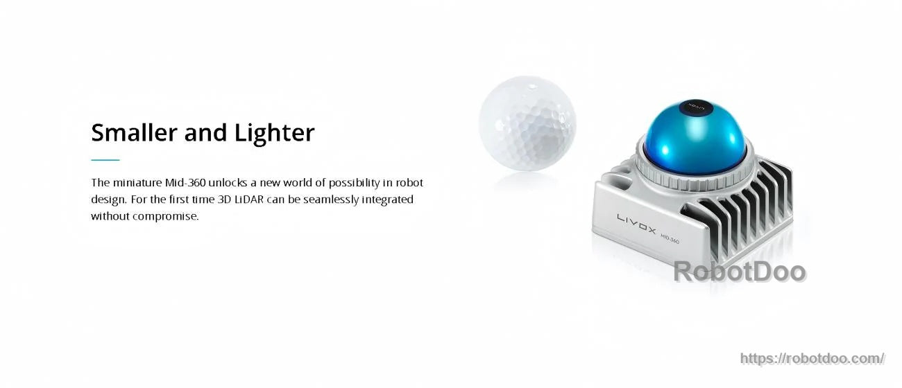 Livox MID-360 sensor close-up with “Smaller and Lighter” callout and compact housing design