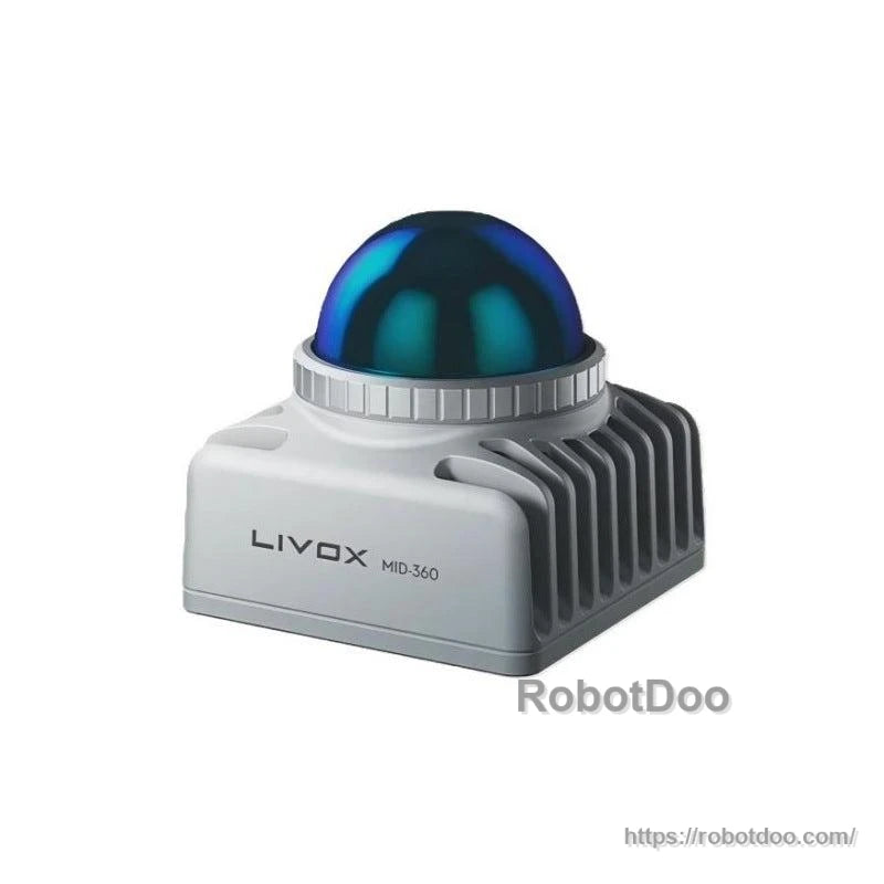 Side perspective of Livox MID-360 LiDAR unit showing ribbed heatsink housing and dome