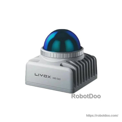 Side perspective of Livox MID-360 LiDAR unit showing ribbed heatsink housing and dome