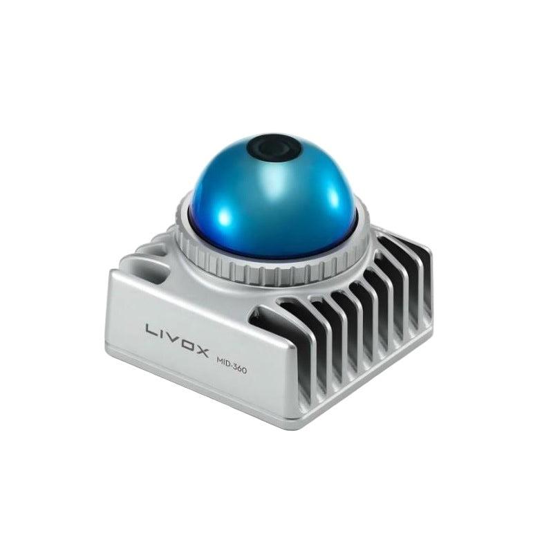 Livox MID-360/MID-360S LiDAR Sensor angled top view showing cooling fins and blue dome