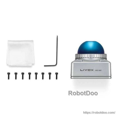 MID-360 LiDAR kit contents: sensor, mounting screws, Allen key, and cleaning cloth