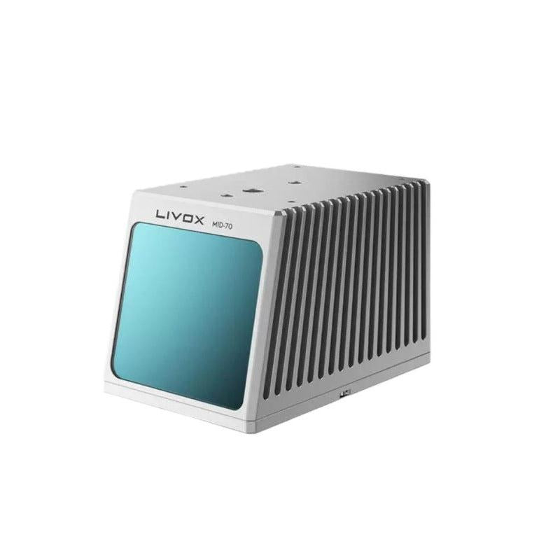 Livox MID-70 LiDAR Sensor angled view with front optical window and finned aluminum housing