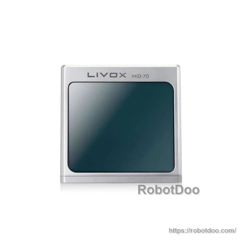 Livox MID-70 LiDAR Sensor front view showing square optical window and Livox branding