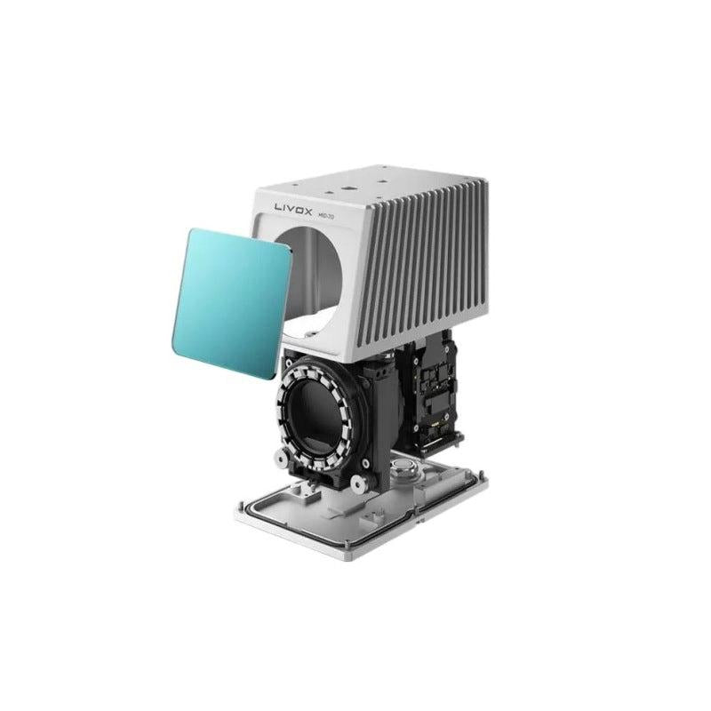 Exploded view of MID-70 LiDAR showing removed front window and internal components on base plate