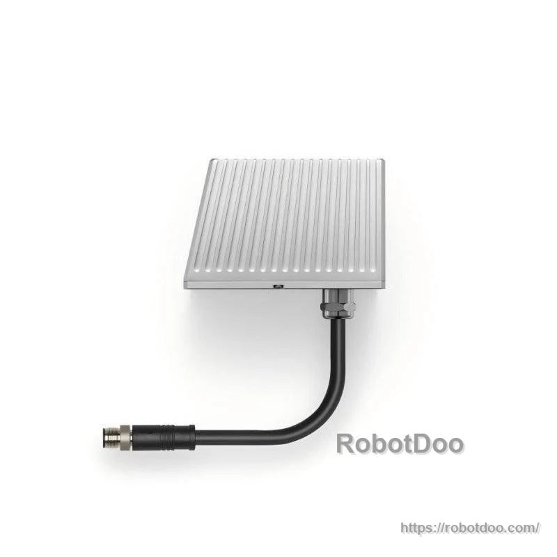 Top view of finned sensor module with attached cable and metal circular connector