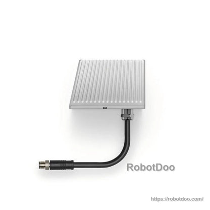 Top view of finned sensor module with attached cable and metal circular connector