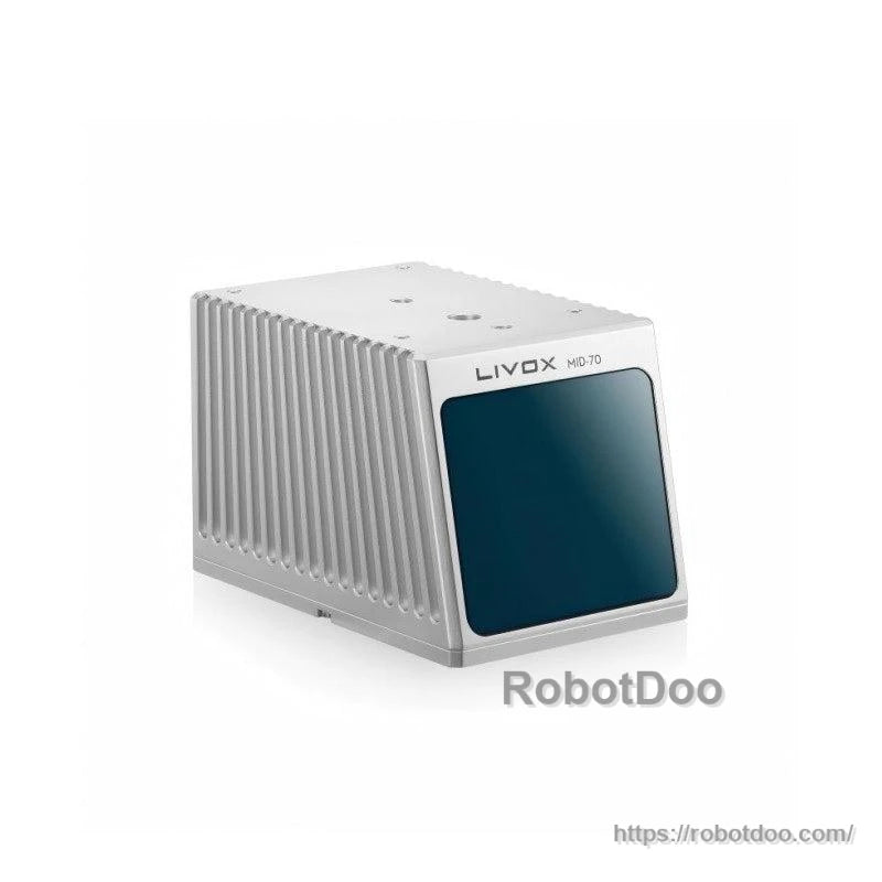 Side-front angle of MID-70 sensor highlighting heat-sink fins and slanted faceplate