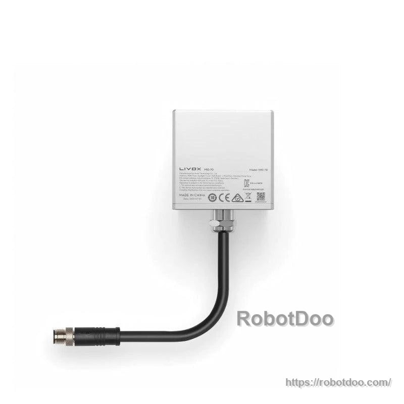 Rear label view of sensor with regulatory markings and attached cable and connector