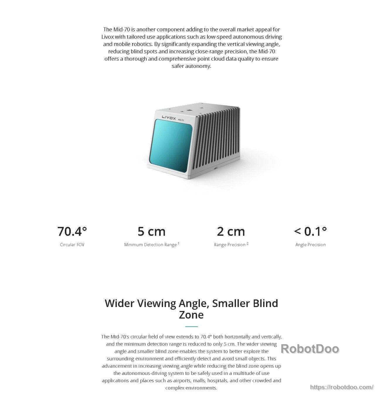 Livox MID-70 LiDAR sensor product render with key specs: 70.4° circular FOV, 5 cm min range, 2 cm precision