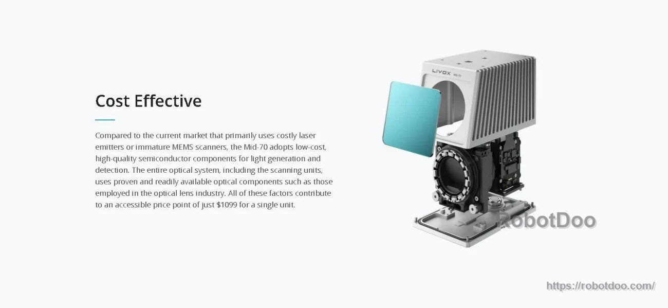 Livox MID-70 sensor internal view with optical window and housing, highlighting compact industrial design