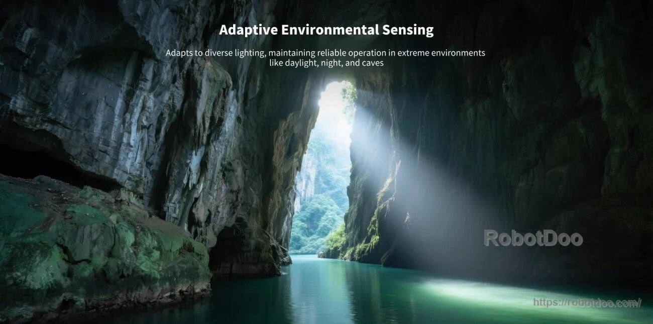 Cave lighting scene representing adaptive environmental sensing for varied conditions
