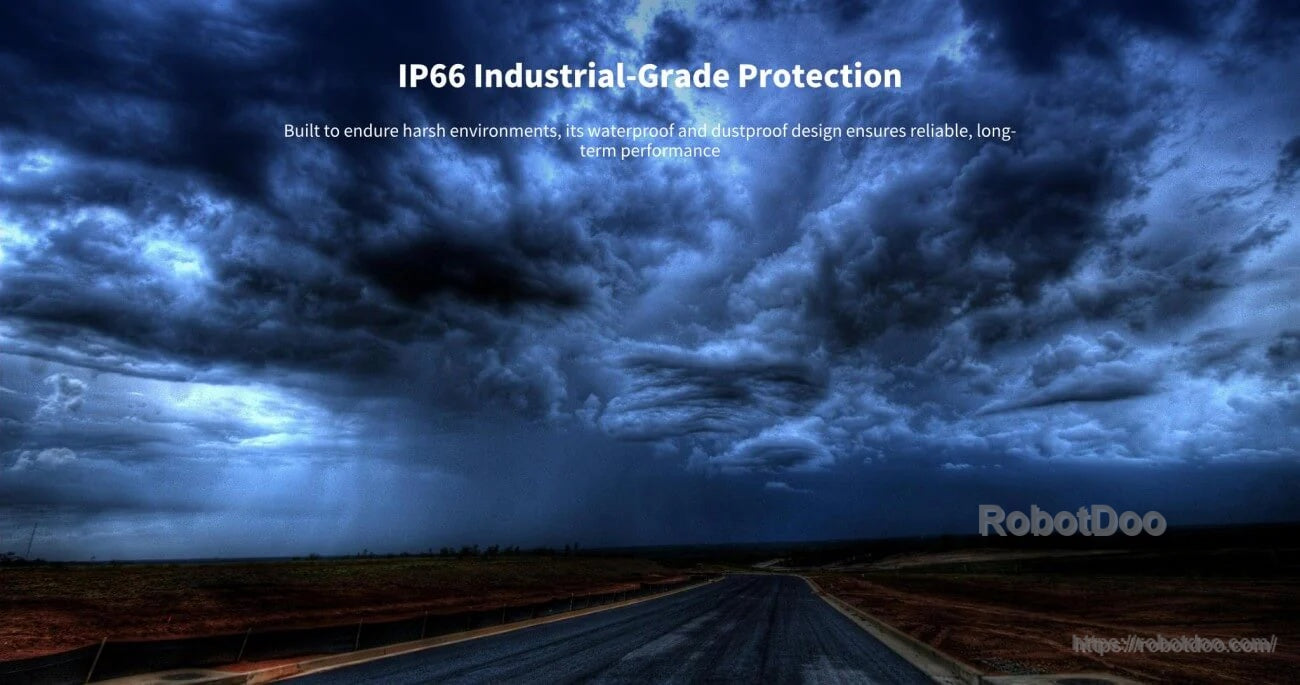 Storm road graphic highlighting IP66 industrial-grade protection for harsh environments