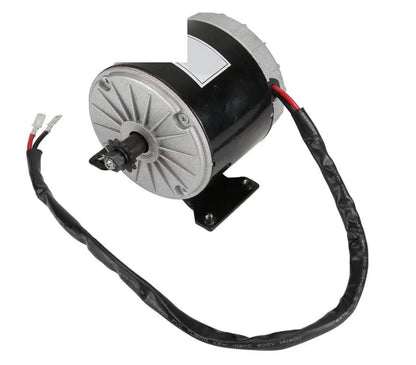 MY1016 350W 24V Brushed DC Motor with mounting base, lead wires, and 11-tooth sprocket